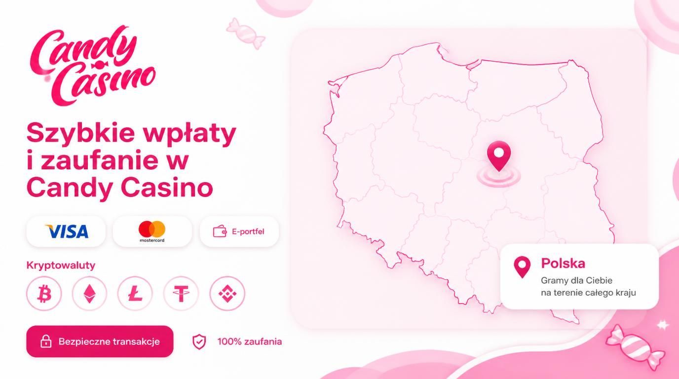 Ikony kart, portfela i kryptowalut nad mapą Polski symbolizujące szybkie i pewne wpłaty