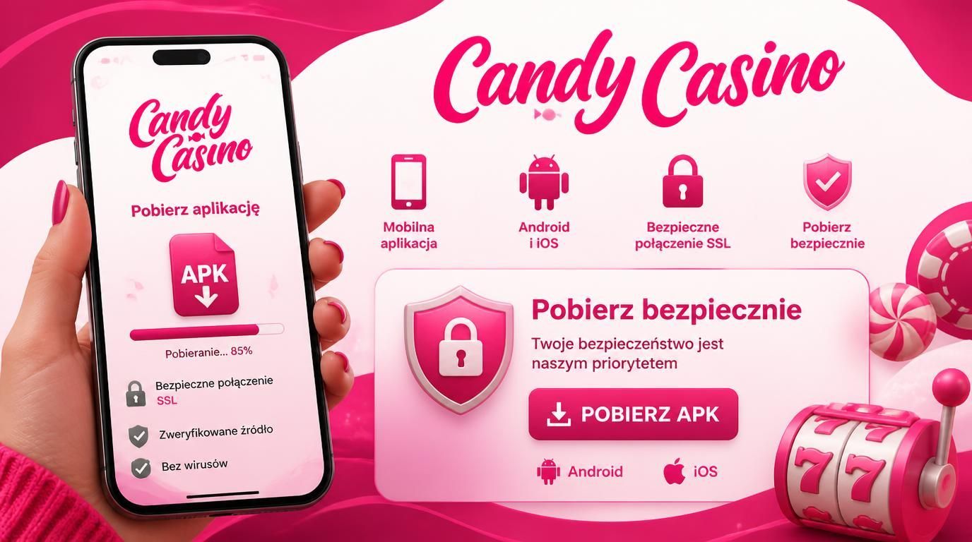 użytkownik instalujący aplikację mobilną Candy Casino na Androidzie i iPhonie z ikonami zabezpieczeń