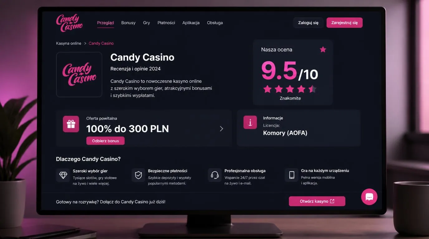 Ekran kasyna z oceną 9,5/10, ofertą 100% do 300 PLN i informacją o licencji z Komorów