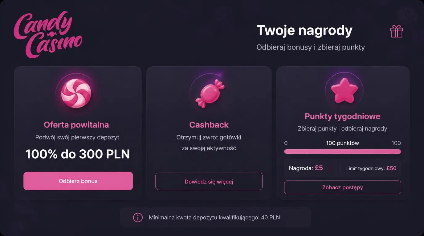Ekran z ofertą powitalną w PLN oraz tygodniowym programem punktowym